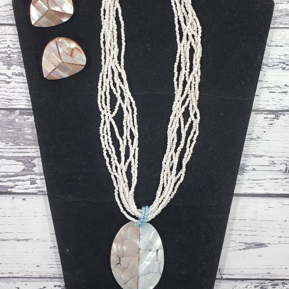 Vintage Seed Bead Necklace and Abalone  Pendant with Earrings